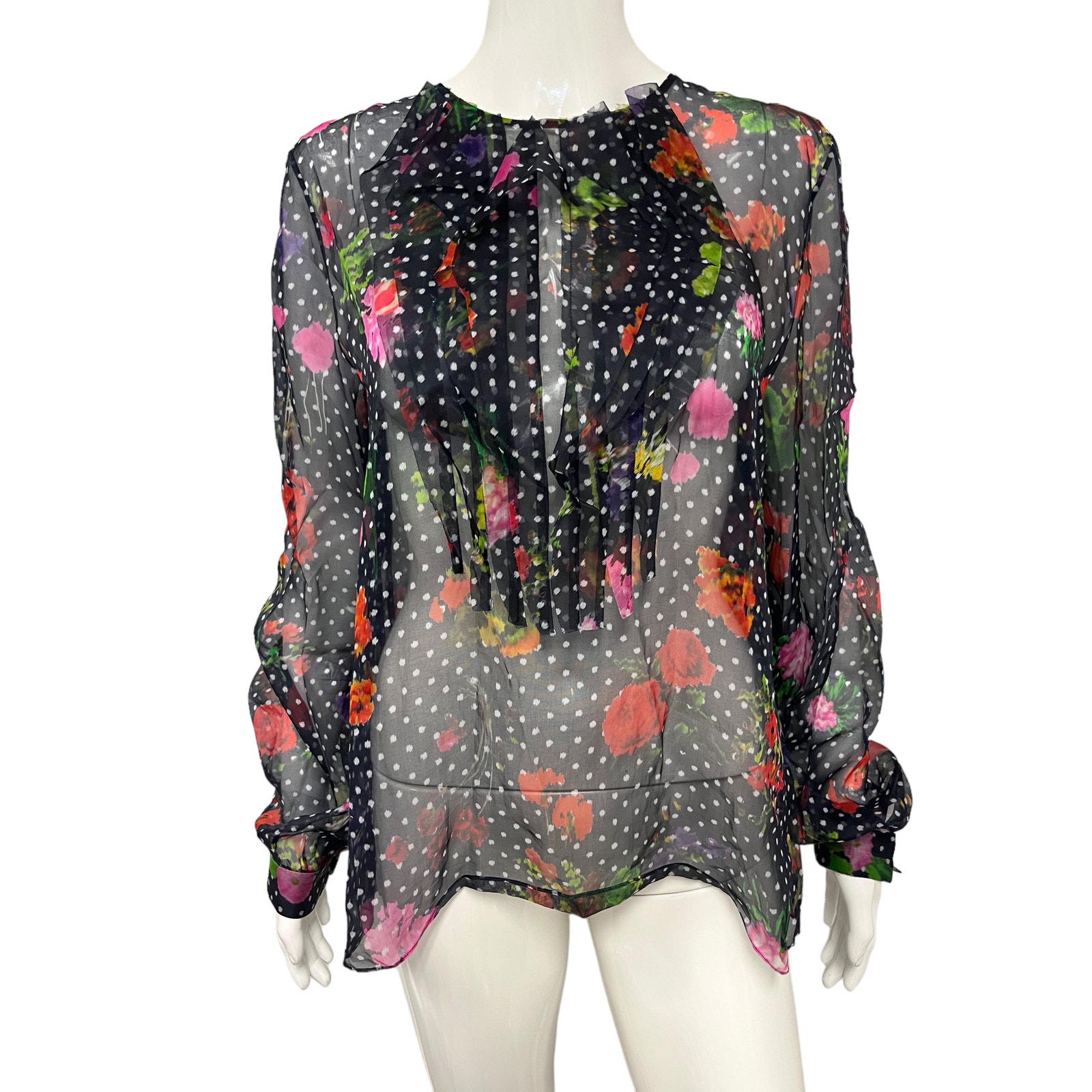 Oscar De La Renta Navy Silk Lace Floral Accent Ruffle Long Sleeve Blouse Top 14